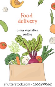 Poster with a paper bag with ripe vegetables from the farm. Colorful vector illustration on white background. Hand-drawn. Template. Mock up.