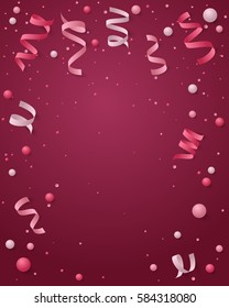 Poster with paper colored dust, confetti, balls and serpentine, ribbon and empty space for text. Vector illustration for Holidays on red background. Elements for banner, holiday, party.