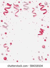 Poster with paper colored dust, confetti, balls and serpentine, ribbon and empty space for text. Vector illustration for Holidays on white background. Elements for banner, holiday, party.