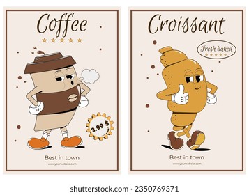 A poster with a paper cup of coffee and a croissant in a trandy retro style. Vintage signboard, restaurant, bar, cafe menu. Comic mascots: coffee and croissant. Vector illustration, eps10