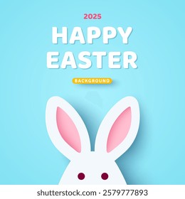 Poster with paper cut bunny rabbit ears isolated on blue background, papercut craft art. Place for text. Happy Easter day sale concept, minimal simple design, cartoon cute banner, egg hunt kids party