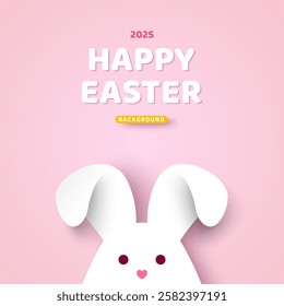 Poster with paper cut bunny rabbit ears isolated on pink background, papercut craft art. Place for text. Happy Easter day sale concept, minimal simple design, cartoon cute banner, egg hunt kids party