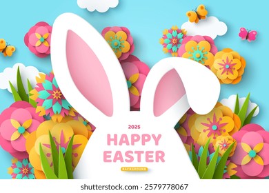 Poster with paper cut rabbit ears frame, flowers and spring grass, blue sky background, papercut craft art. Place for text. Happy Easter day sale concept, bunny cartoon cute banner