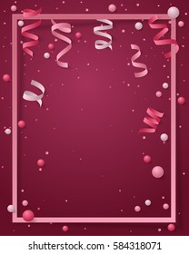 Poster with paper frame, colored dust, confetti, balls and serpentine, ribbon and empty space for text. Vector illustration for Holidays on red background. Elements for banner, holiday, party.