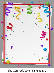 Poster with paper frame, colored dust, confetti, balls and serpentine, ribbon and empty space for text. Vector illustration for Holidays on white background. Elements for banner, holiday, party.