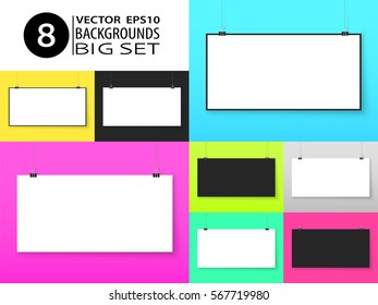 Poster paper mockups on binder clips on wall. Modern poster templates. Collection of mock ups. Business banners. Empty simple vector banners for your illustration, drawing, painting, quote or photos.