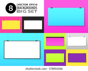 Poster paper mockups on binder clips on wall. Modern poster templates. Collection of mock ups. Empty simple vector banners for your illustration, drawing, painting, quote or photos.