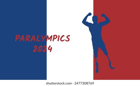 Afiche de los Juegos Paralímpicos 2024 con la silueta de Mans en el fondo de color de la bandera de Francia. Futuros Atletas. Evento multideportivo.