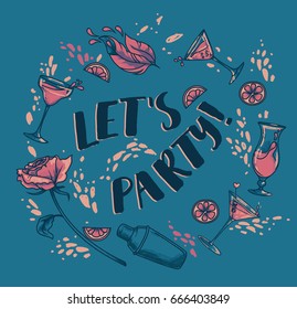 poster for party, can be used as menu cover for cocktail bar or as invitation for birthday party,blue and pink colors, vector illustration