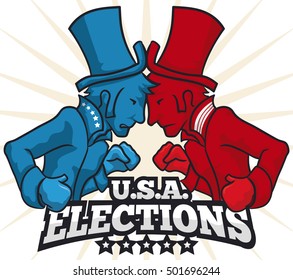 Poster with party contenders wearing top hats and boxing gloves for next elections in U.S.A.