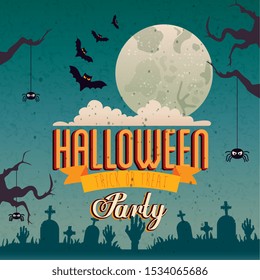poster of party halloween with bats flying and icons vector illustration design