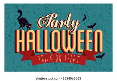 poster of party halloween with cat black and bats flying vector illustration design