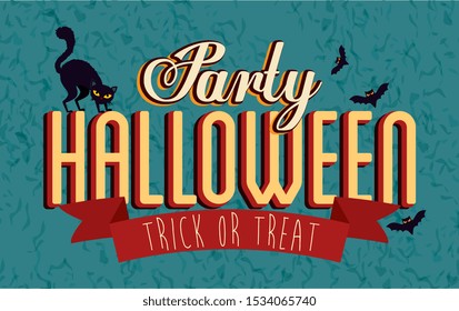 poster of party halloween with cat black and bats flying vector illustration design
