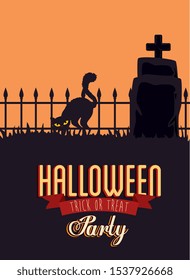 poster of party halloween with cat black and tombstone vector illustration design