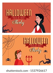 poster of party halloween with people disguised vector illustration design
