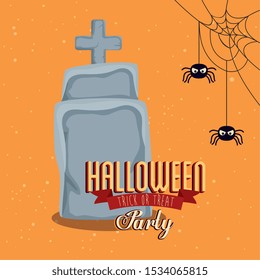 poster of party halloween with tombstone vector illustration design