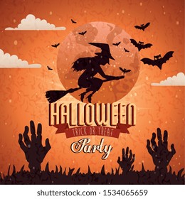 poster of party halloween with witch flying vector illustration design