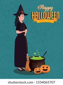 poster of party halloween with woman disguised of witch vector illustration design