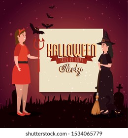 poster of party halloween with women disguised vector illustration design