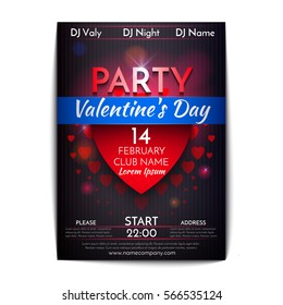 Poster party with Happy Valentine's Day. Vector illustration of a red heart.