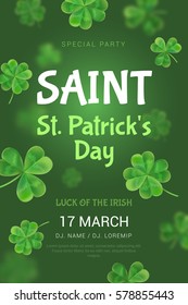 The poster for a party in honor of St. Patrick's Day. Flyer in the pub for the rest. Vector poster 3d effect with clovers scatter.