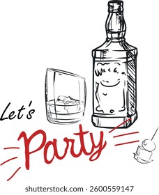 Poster for party, pub, restaurant menu. Vector brush drawing whiskey bottle, glass, snack, line art design