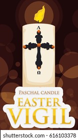 Poster with Paschal candle illuminating the Easter Vigil with white sign, golden text, and glows and bokeh effect in the background.