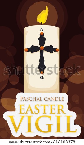 Poster with Paschal candle illuminating the Easter Vigil with white sign, golden text, and glows and bokeh effect in the background.