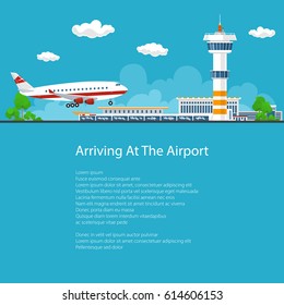Poster Passenger Plane Arrives at the Airport ,the Plane Comes in to Land on the Background of the Control Tower, Brochure Flyer Design, Vector Illustration 