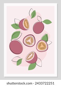 Poster with passion fruit in flat minimal design. Passion fruit flat minimal illustration composition. Passion fruit simple Vector illustration.
