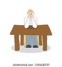 Poster with a pathetic man sitting at the table. White background, flat cartoon style vector illustration.