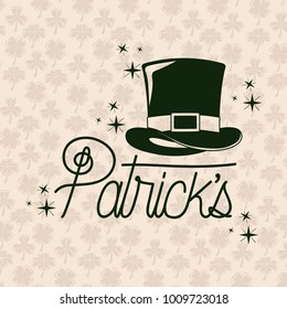poster patricks text with top hat in green color silhouette with background pattern of clovers