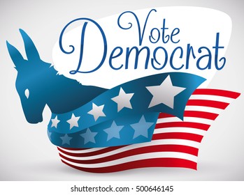 Poster with patriotic donkey silhouette and ribbons like American flag supporting the Democrat vote in the next elections.