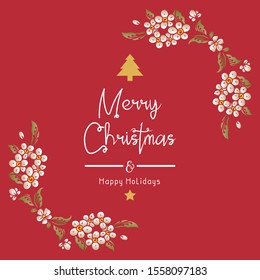 Poster pattern of merry christmas happy holiday, with elegant leaf flower frame decor. Vector