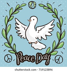 Poster For Peace Day With Cute Dove Flying Inside Wreath Of Olive Leaves, Globe And Peace Symbol In Doodle Style.