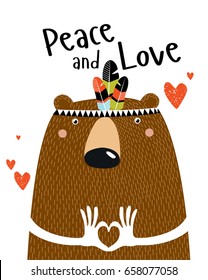 Poster "peace and love." A cartoon bear. Brown bear is Indian. valentines day.