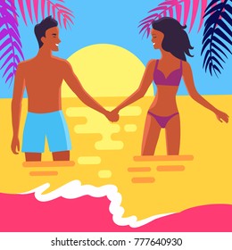 Poster of peaceful coast with palm trees and lovers at sunset. Vector illustration of man and woman holding hands and standing in sea