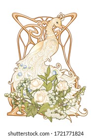 Poster with peacock and roses in art nouveau style, vintage, old, retro style. In Art deco style. Colored vector illustration.