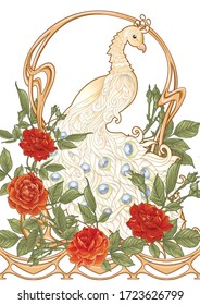 Poster with peacock and roses in art nouveau style, vintage, old, retro style. In Art deco style. Colored vector illustration.