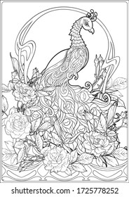 Poster with peacock and roses in art nouveau style, vintage, old, retro style. In Art deco style. Coloring page for the adult coloring book. Outline hand drawing vector illustration. .