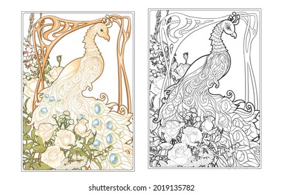 Poster with peacock and roses in art nouveau style, vintage, old, retro style. In Art deco style. Page for the adult coloring book with colored sample. Outline hand drawing vector illustration. .