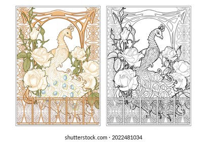 Poster with peacock and roses in art nouveau style, vintage, old, retro style. In Art deco style. Page for the adult coloring book with colored sample. Outline hand drawing vector illustration. .