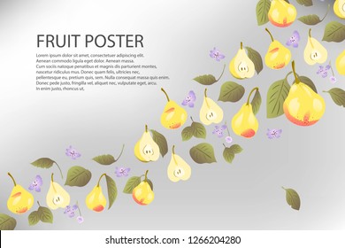 A poster with pears. Leaves, flowers, fruits. Vector set. Diet, detox.