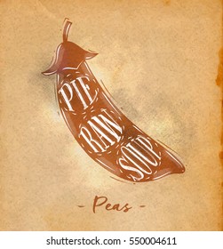 Poster peas cutting scheme lettering pie, raw, soup in retro style drawing on craft paper background