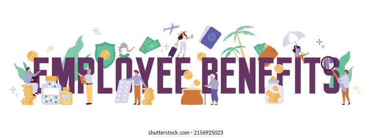 Poster pension insurance, employee benefits, vector flat illustration on white background. Client receives social security, employee insurance, medical service, pension insurance, paid vacation