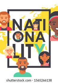 Poster with people of different nationalities, vector illustration. Flat style portraits smiling men and women, diversity of international human society. People around the world, typography book cover