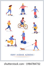 Poster of people doing outdoor sport activity: running, walking dog, roller skating, skateboarding, bicycling, electric scooter, monocycle, hoverboard. Set of isolated cartoon character illustration.