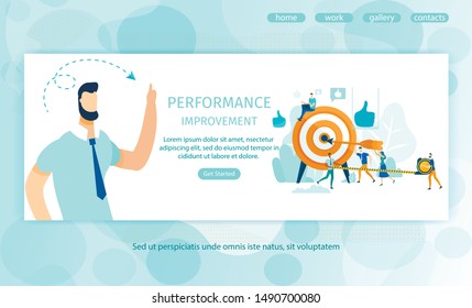 Poster Performance Improvement, Landing Page. Banner Individual Achievement Results to Improve Performance. Team Employees Measure Distance to Achieve Goal Cartoon. Vector Illustration.