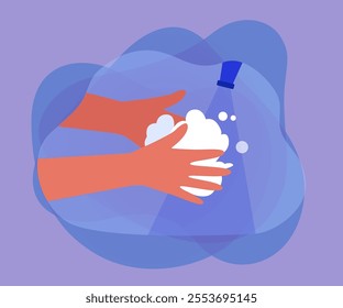 Poster with person washing hands with soap and water in sink. Hands cleaning instruction template flat vector illustration. Hygiene, coronavirus, safety concept for banner or landing web page