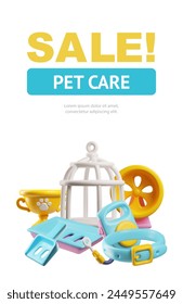 A poster of a pet store made in vector 3D format of essential pet care products: a cat toilet, a running wheel for a hamster, a collar and a leash for a dog